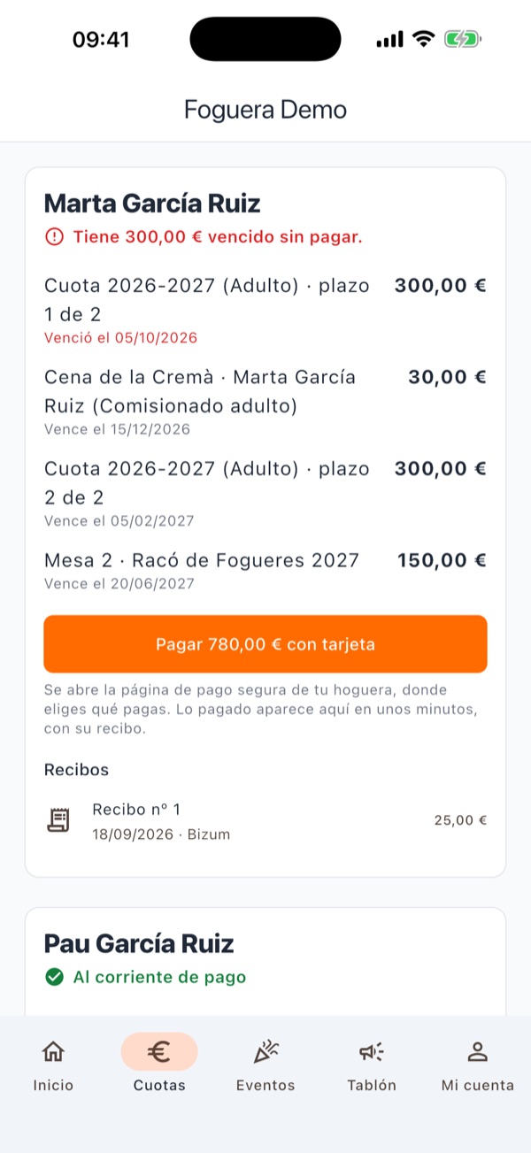 Cuotas y recibos en la app