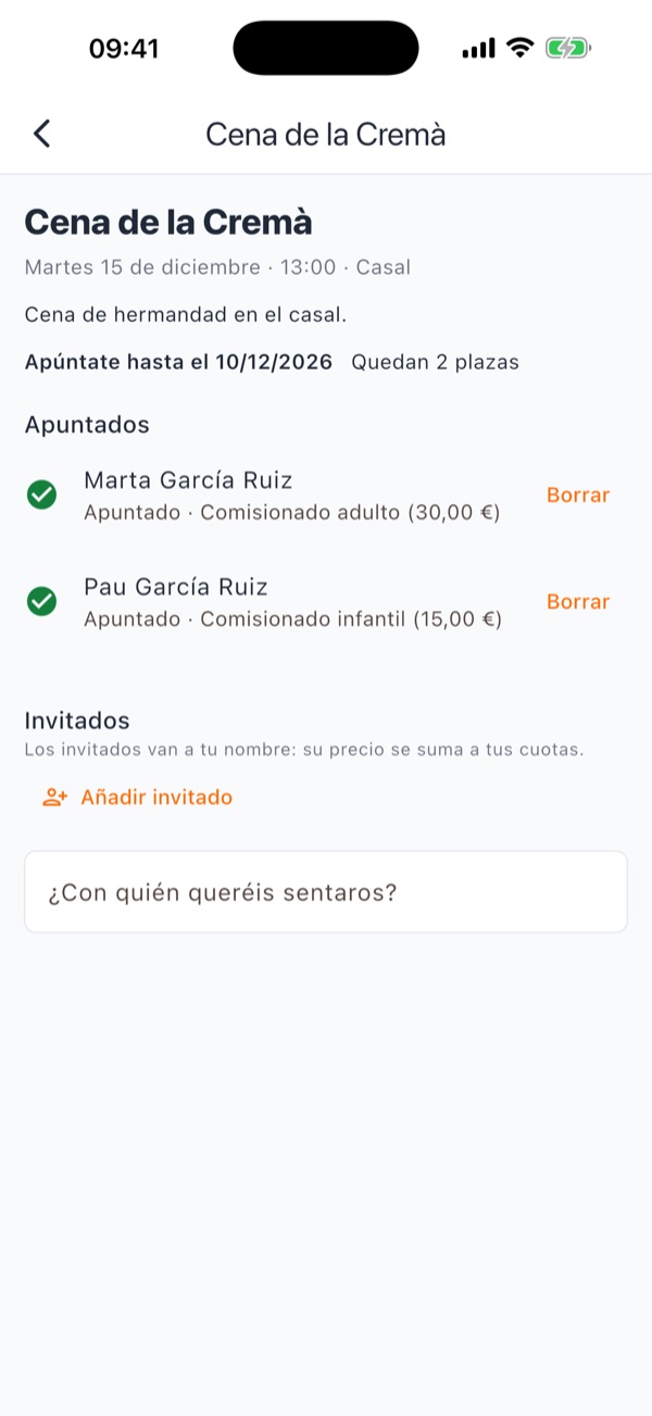 Apuntarse a una cena en la app