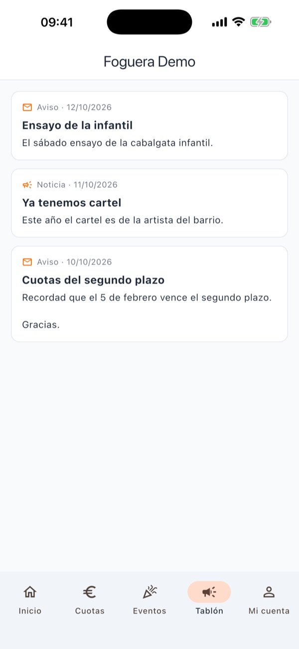 Tablón de avisos y noticias en la app